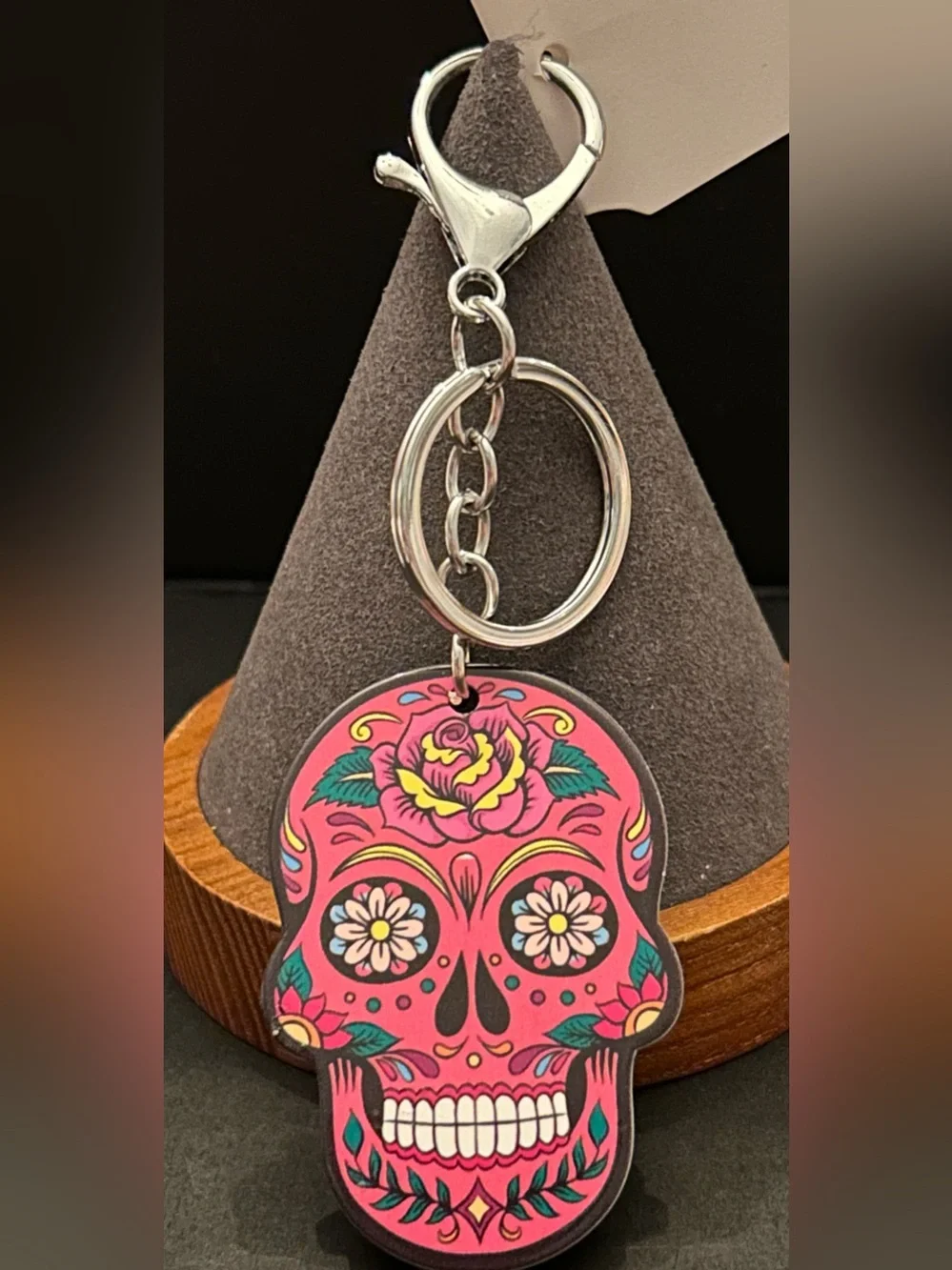 Colorful Floral Sugar Skull Acrylic Bag Charm Keychain in Assorted Colors NWT